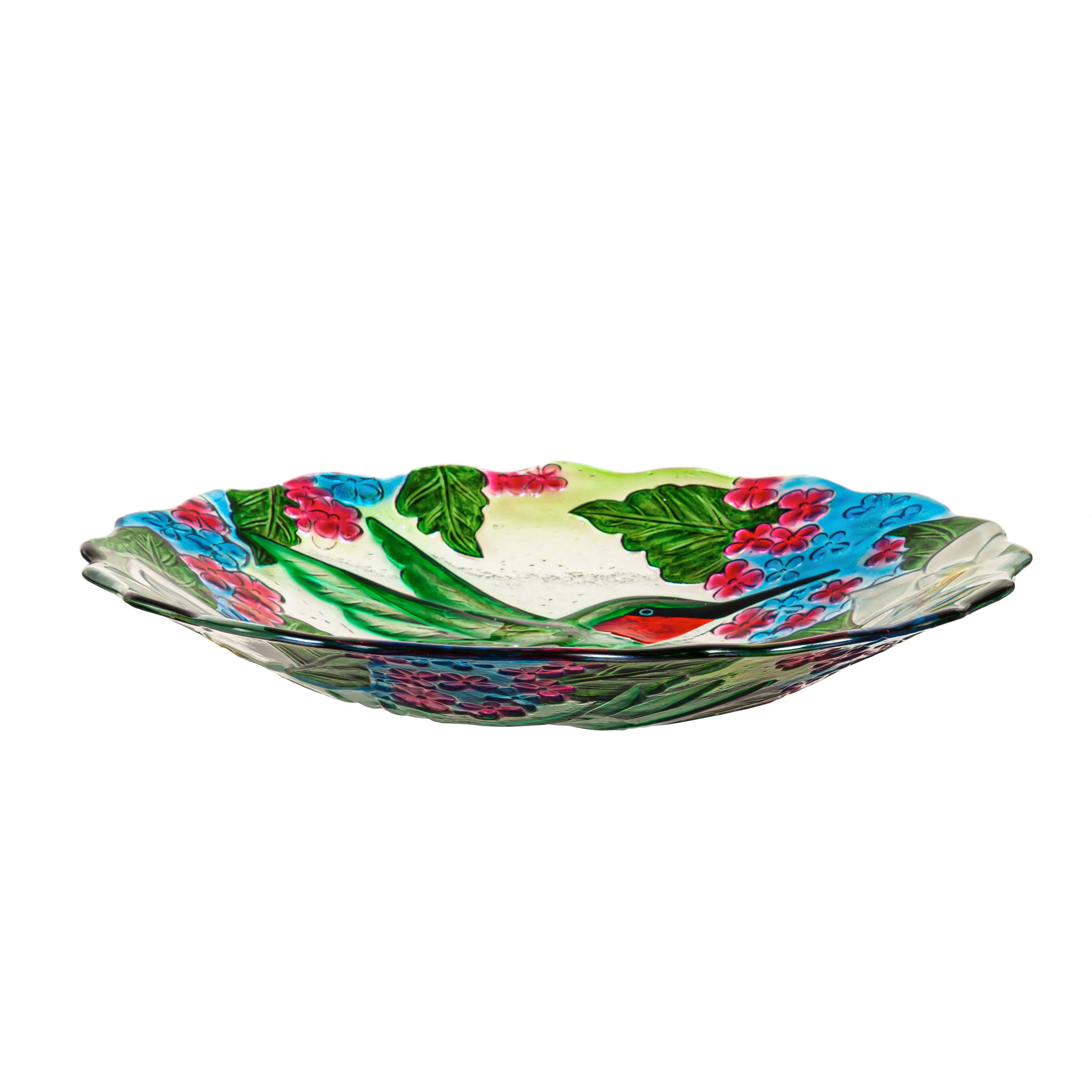 18"Hand Painted and Embossed Glass Shaped Bird Bath, Hummingbird Bouquets,2gb7051