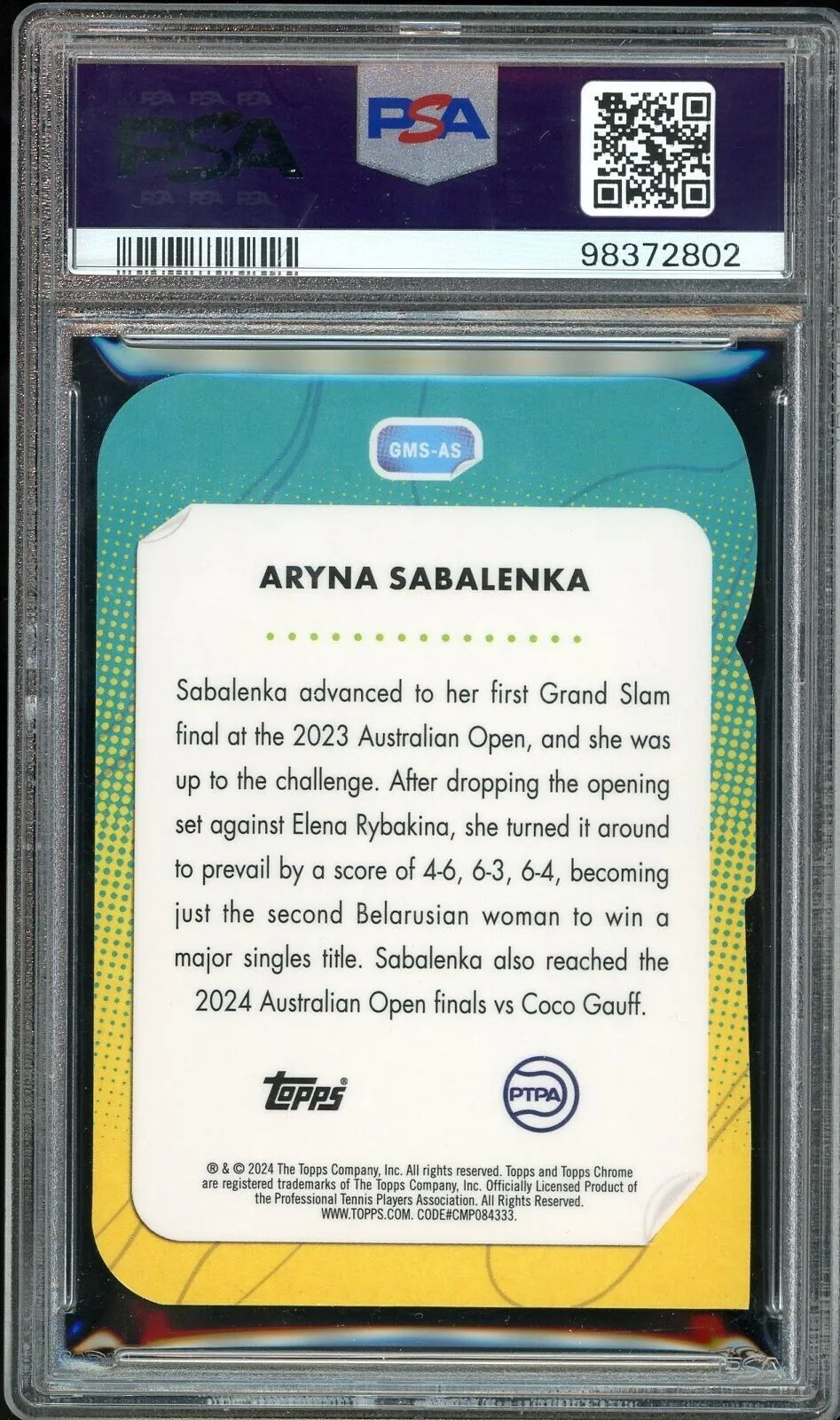 2024 Topps Chrome Game Set Match SSP Case Hit Aryna Sabalenka PSA 10 GEM MINT