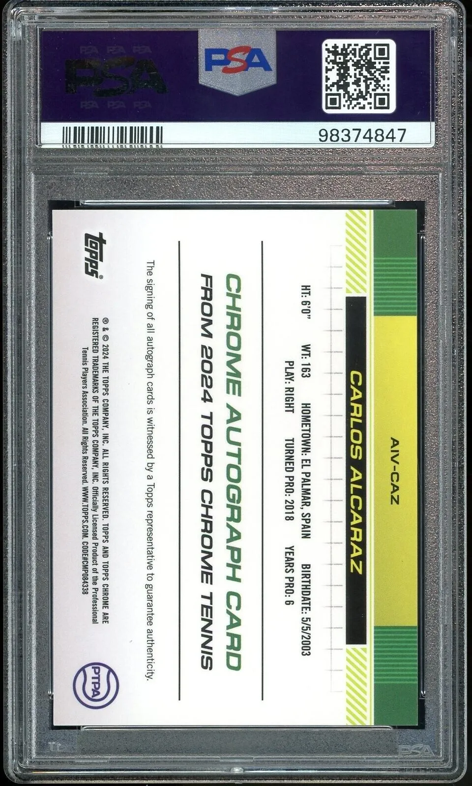 2024 Topps Chrome Tennis #AIVAZ Carlos Alcaraz Variation RC Auto PSA 10 GEM MINT