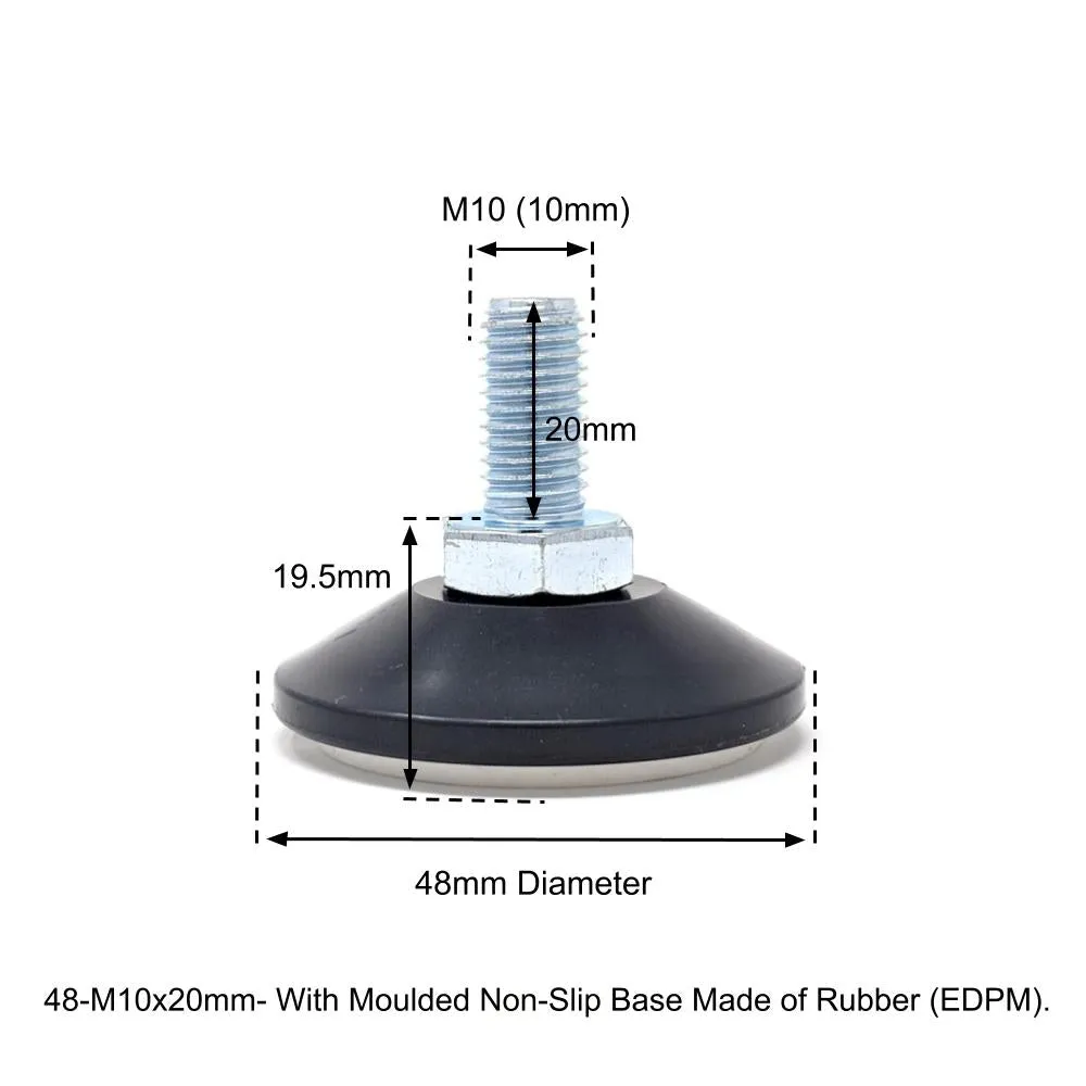 48mm-M10x20mm Non-Slip Screw In Levelling Machine Feet Height Adjustable, Made In Germany
