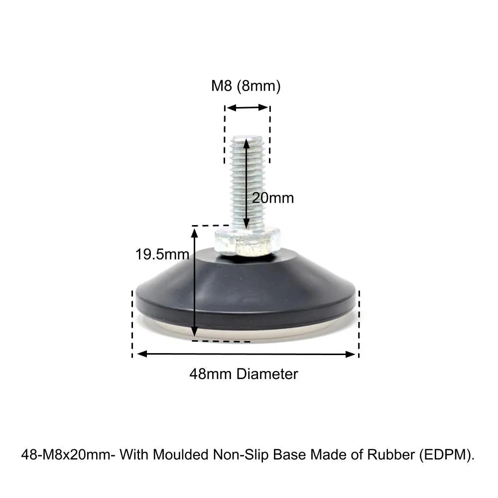 48mm-M8x20mm Non-Slip Screw In Levelling Machine Feet Height Adjustable, Made In Germany