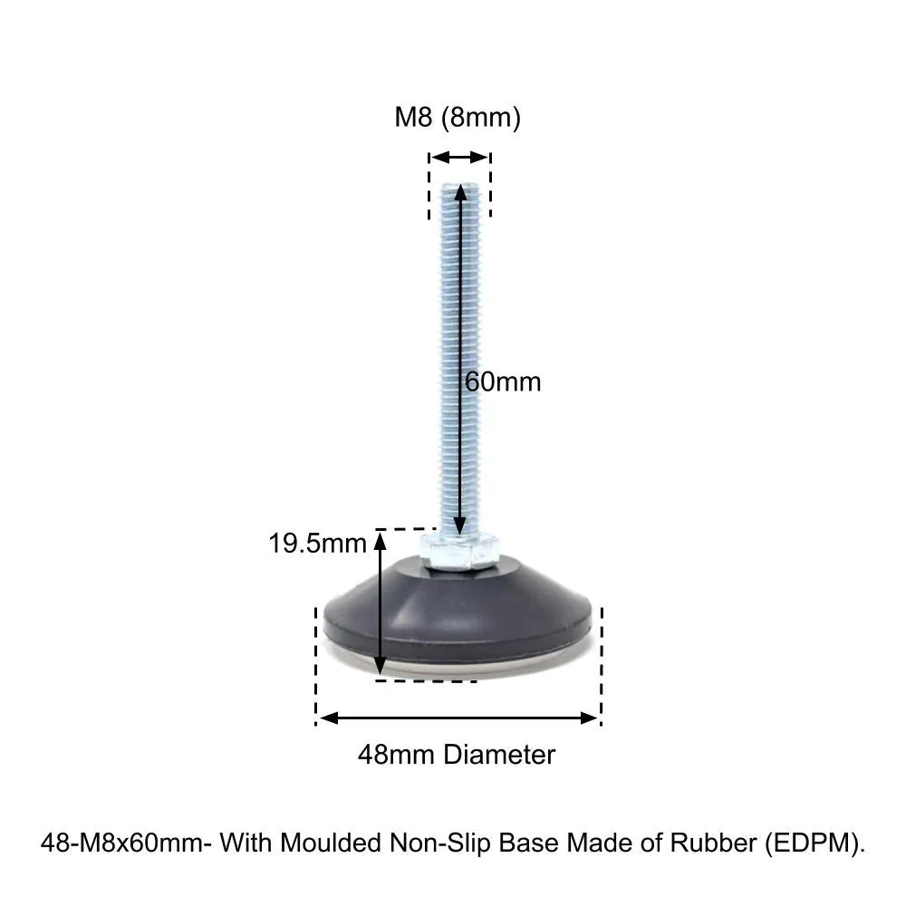 48mm-M8x60mm Non-Slip Screw In Levelling Machine Feet Height Adjustable, Made In Germany