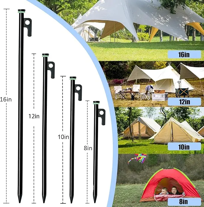 8 Pack Tent Stakes with Hammer, 16in Heavy Duty Tent Stakes   12in Tent Stakes Hammer Storage Pouch, Forged Steel Tent Stakes for Camping Used on Rocks(8Pcs 16in Tent Stakes and Hammer)