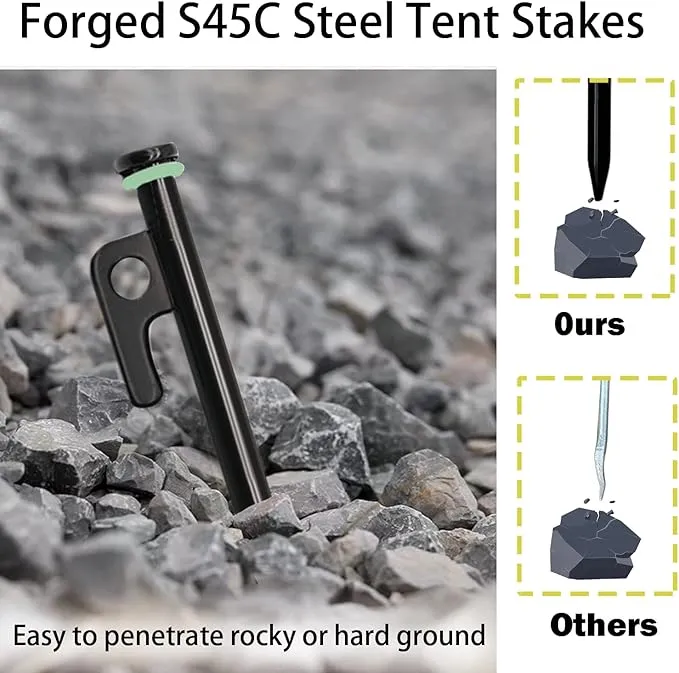 8 Pack Tent Stakes with Hammer, 16in Heavy Duty Tent Stakes   12in Tent Stakes Hammer Storage Pouch, Forged Steel Tent Stakes for Camping Used on Rocks(8Pcs 16in Tent Stakes and Hammer)