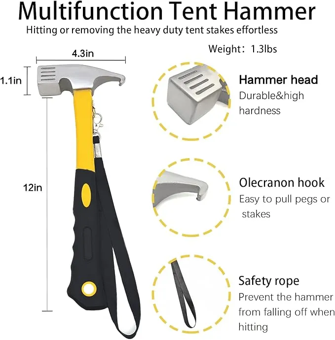8 Pack Tent Stakes with Hammer, 16in Heavy Duty Tent Stakes   12in Tent Stakes Hammer Storage Pouch, Forged Steel Tent Stakes for Camping Used on Rocks(8Pcs 16in Tent Stakes and Hammer)