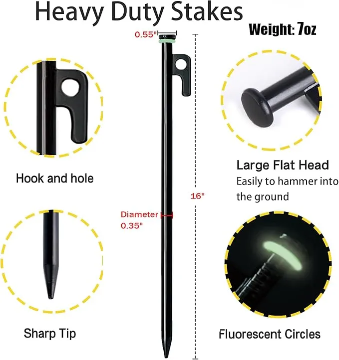 8 Pack Tent Stakes with Hammer, 16in Heavy Duty Tent Stakes   12in Tent Stakes Hammer Storage Pouch, Forged Steel Tent Stakes for Camping Used on Rocks(8Pcs 16in Tent Stakes and Hammer)