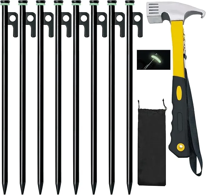 8 Pack Tent Stakes with Hammer, 16in Heavy Duty Tent Stakes   12in Tent Stakes Hammer Storage Pouch, Forged Steel Tent Stakes for Camping Used on Rocks(8Pcs 16in Tent Stakes and Hammer)