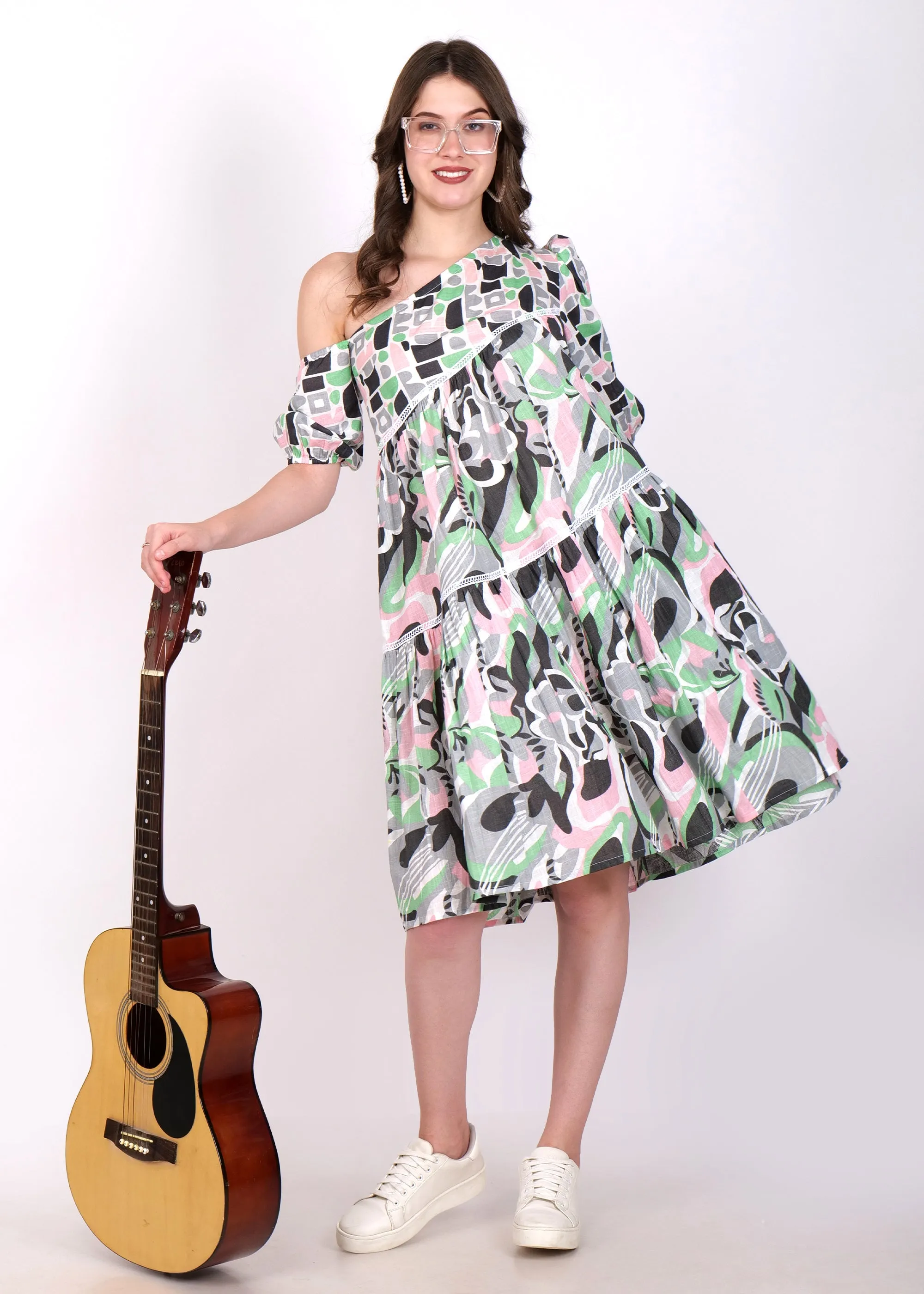 Abstract Harmony One-Shoulder Cotton Dress