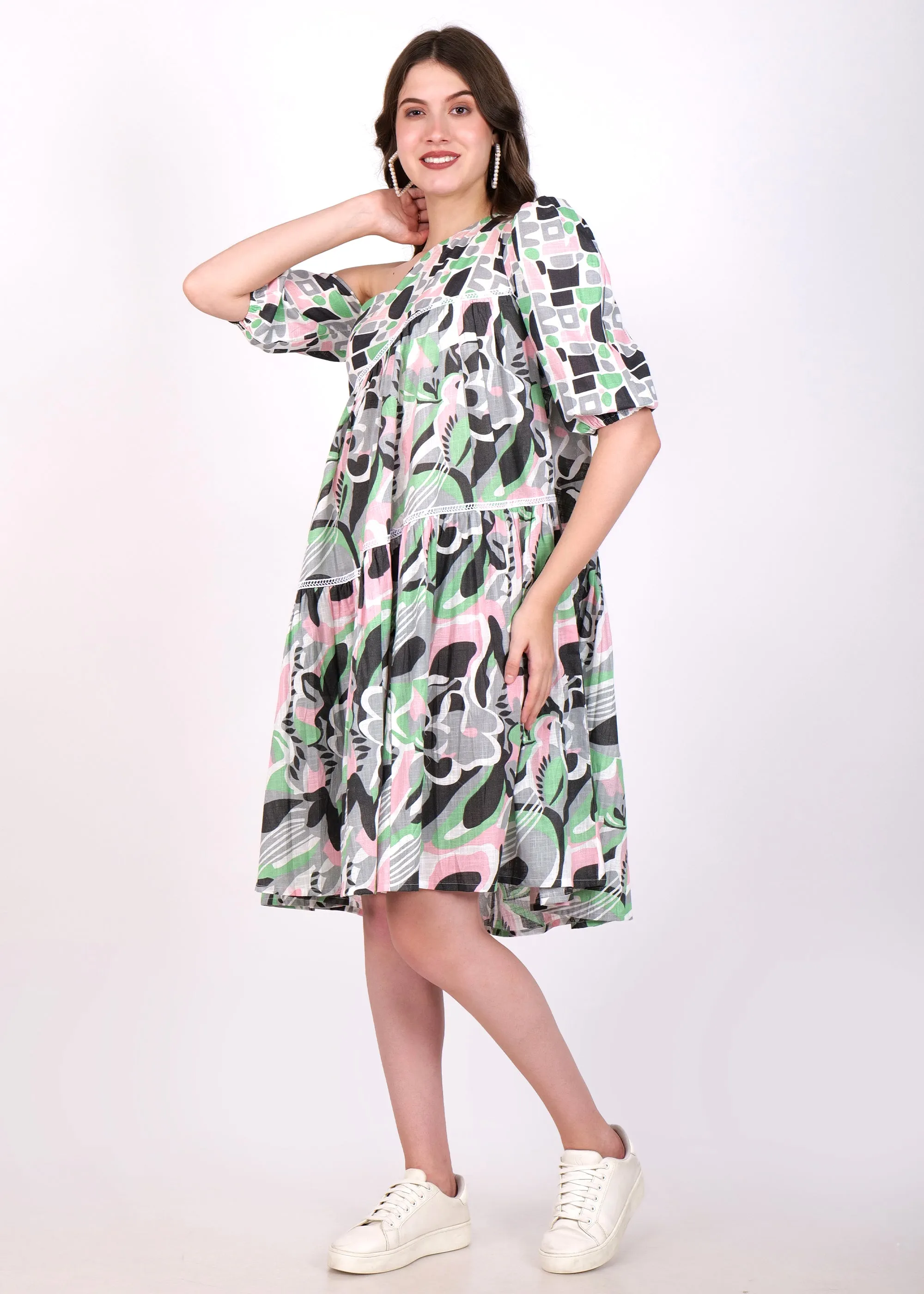 Abstract Harmony One-Shoulder Cotton Dress