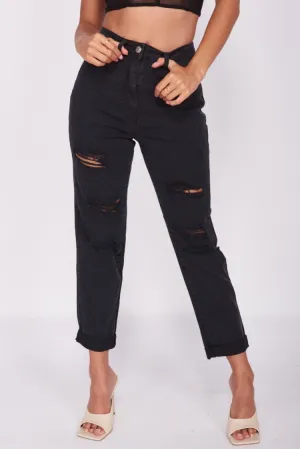 Black Distressed Straight-Leg Jeans | High-Waist Fit | Edgy Everyday Essential