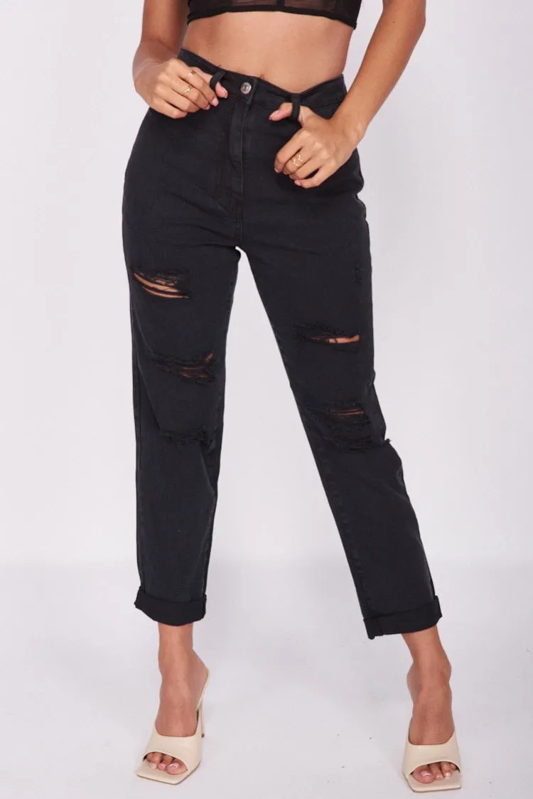 Black Distressed Straight-Leg Jeans | High-Waist Fit | Edgy Everyday Essential