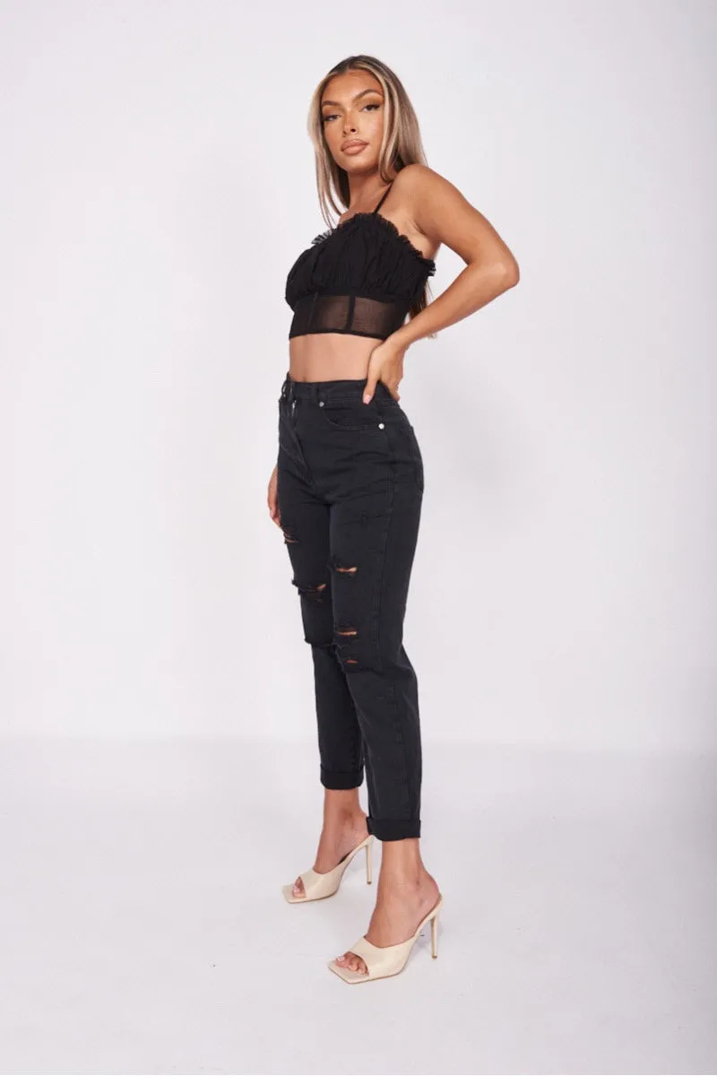 Black Distressed Straight-Leg Jeans | High-Waist Fit | Edgy Everyday Essential