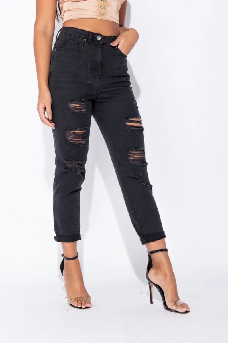 Black Distressed Straight-Leg Jeans | High-Waist Fit | Edgy Everyday Essential