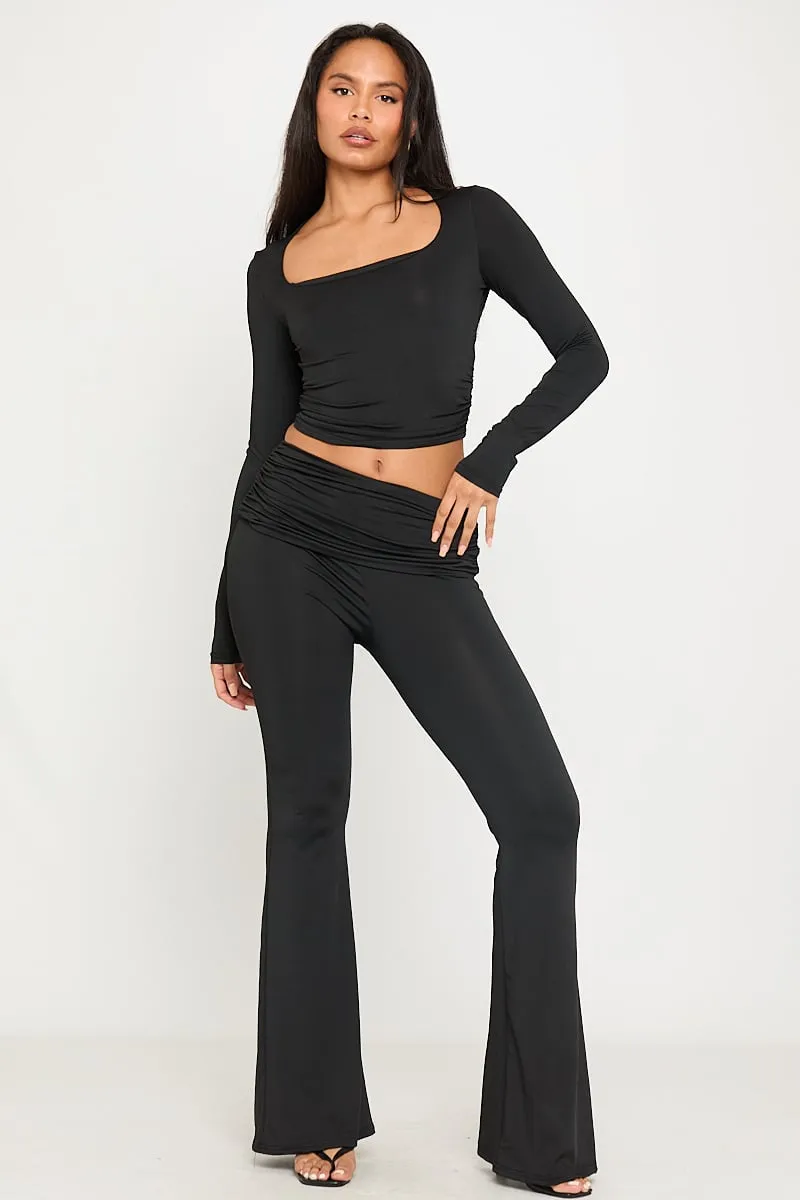 Black Ribbed Co-Ord Set | Flared Pants & Square Neck Top | Sleek '90s Revival