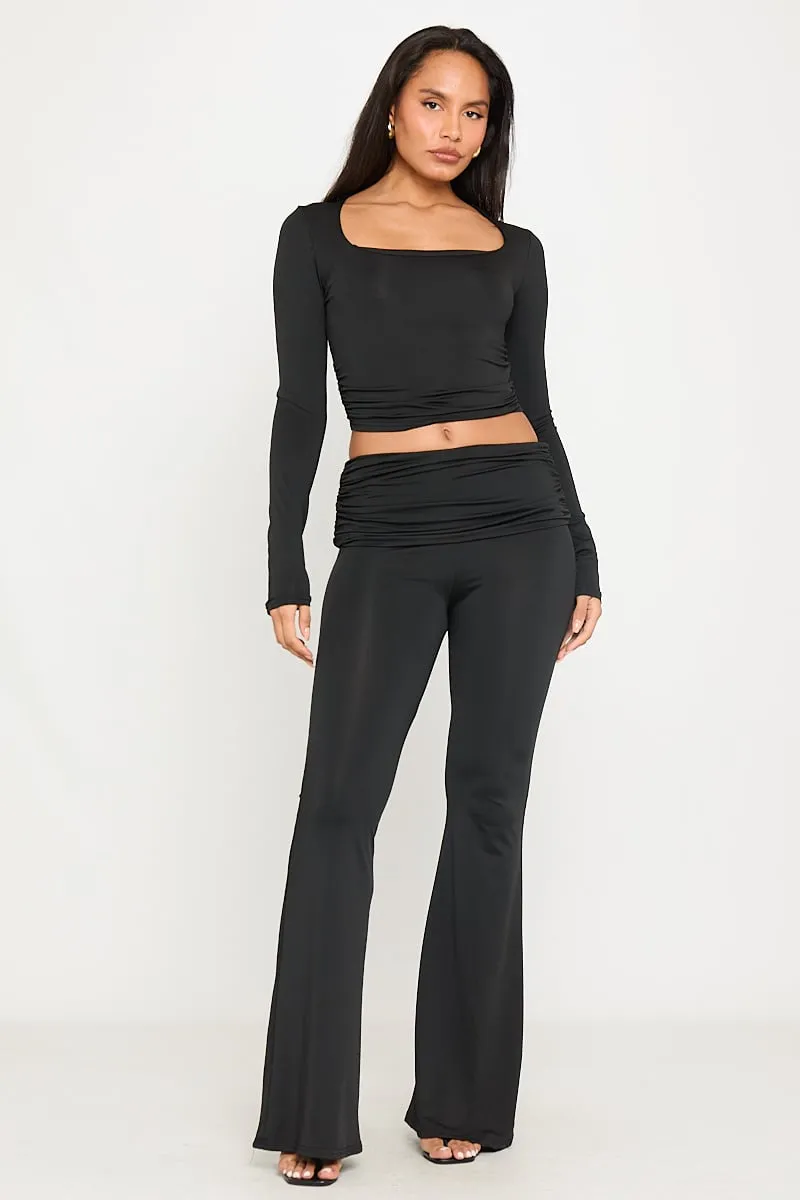 Black Ribbed Co-Ord Set | Flared Pants & Square Neck Top | Sleek '90s Revival