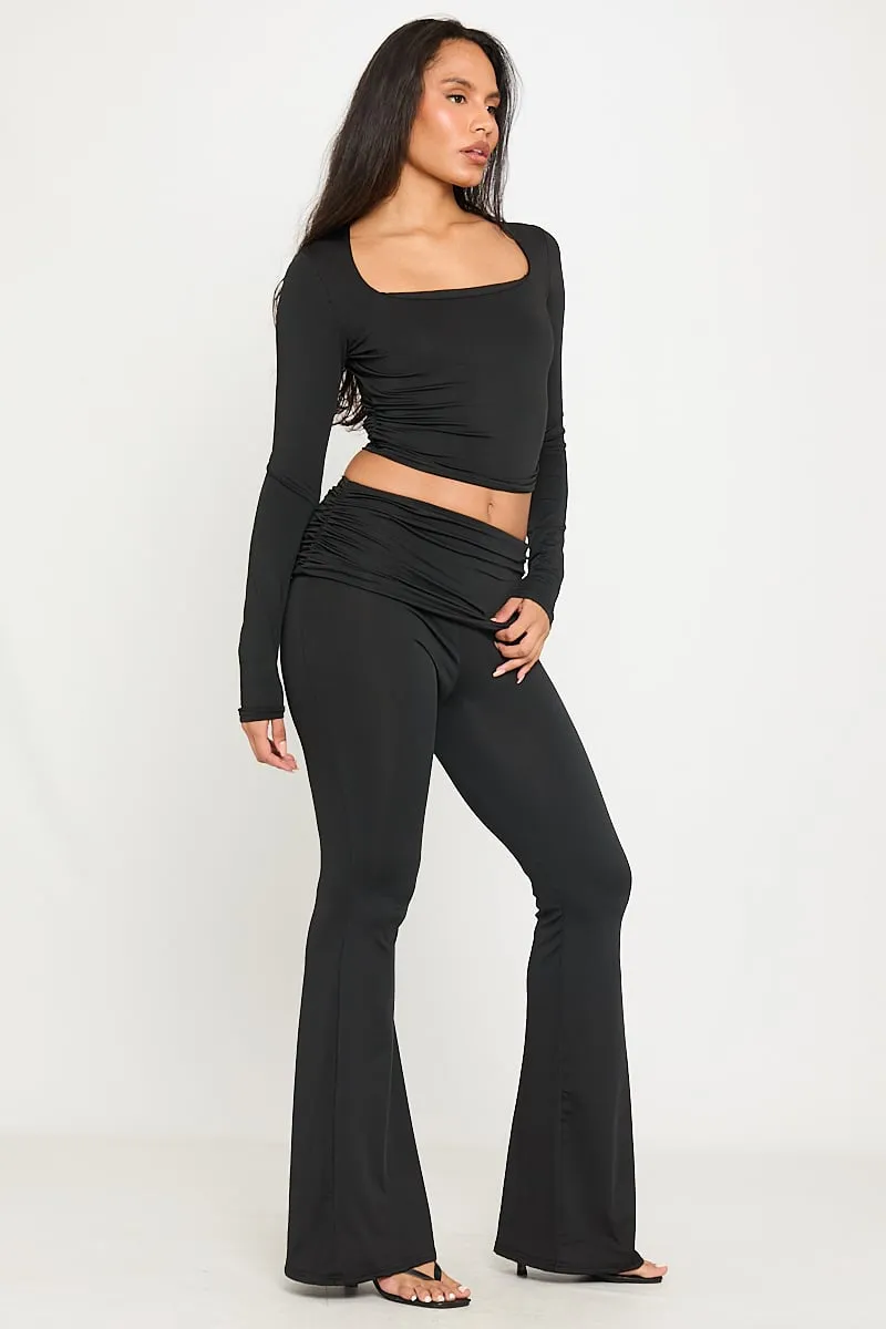 Black Ribbed Co-Ord Set | Flared Pants & Square Neck Top | Sleek '90s Revival
