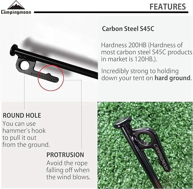 CAMPINGMOON 8pcs Carbon Steel S45C Black Coating Tent Stake for Hard Ground (【11.81-inch 8pcs set】)