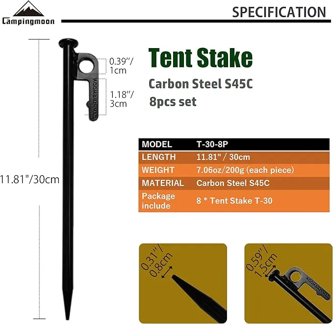 CAMPINGMOON 8pcs Carbon Steel S45C Black Coating Tent Stake for Hard Ground (【11.81-inch 8pcs set】)