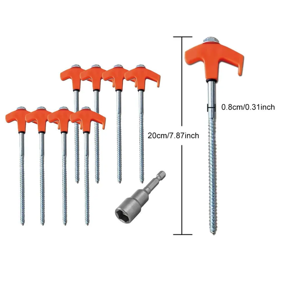 Carbon Steel Tent Stakes - 8-Inch Screw-In Anchors (8-Pack) with Hex Socket