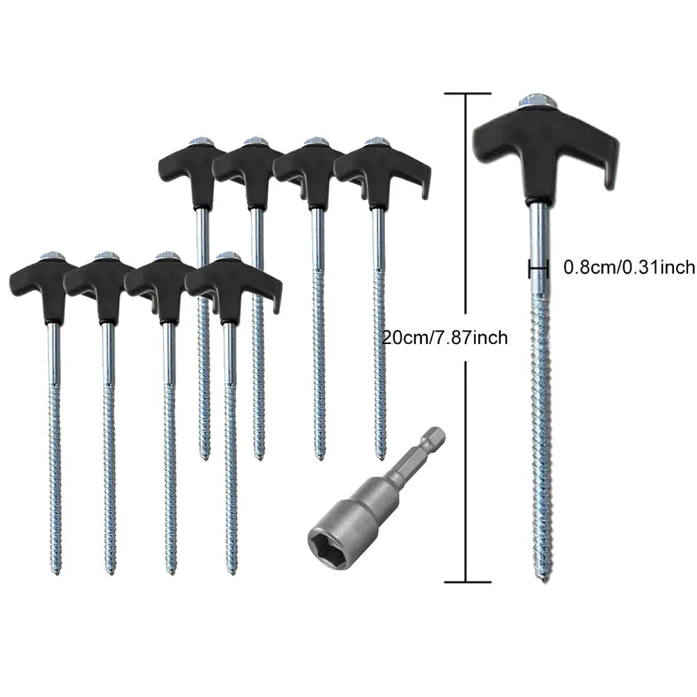 Carbon Steel Tent Stakes - 8-Inch Screw-In Anchors (8-Pack) with Hex Socket