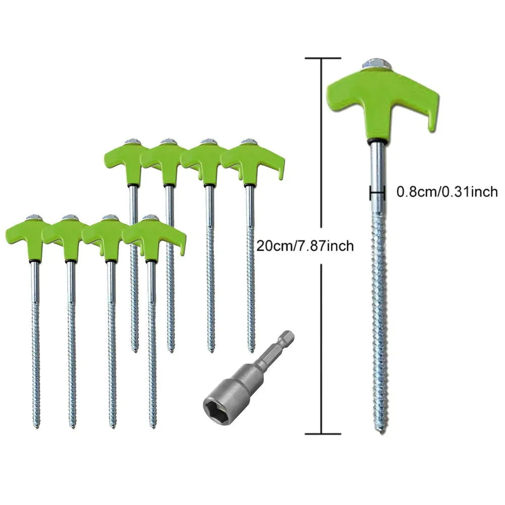 Carbon Steel Tent Stakes - 8-Inch Screw-In Anchors (8-Pack) with Hex Socket