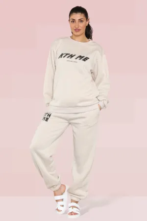 Casual KTH ME Print Loose Sweatshirt & Elastic Waist Sweatpants Co-ord