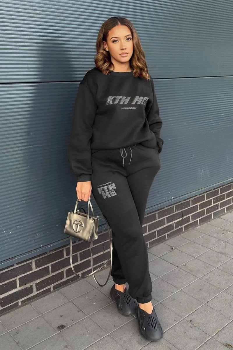 Casual KTH ME Print Loose Sweatshirt & Elastic Waist Sweatpants Co-ord