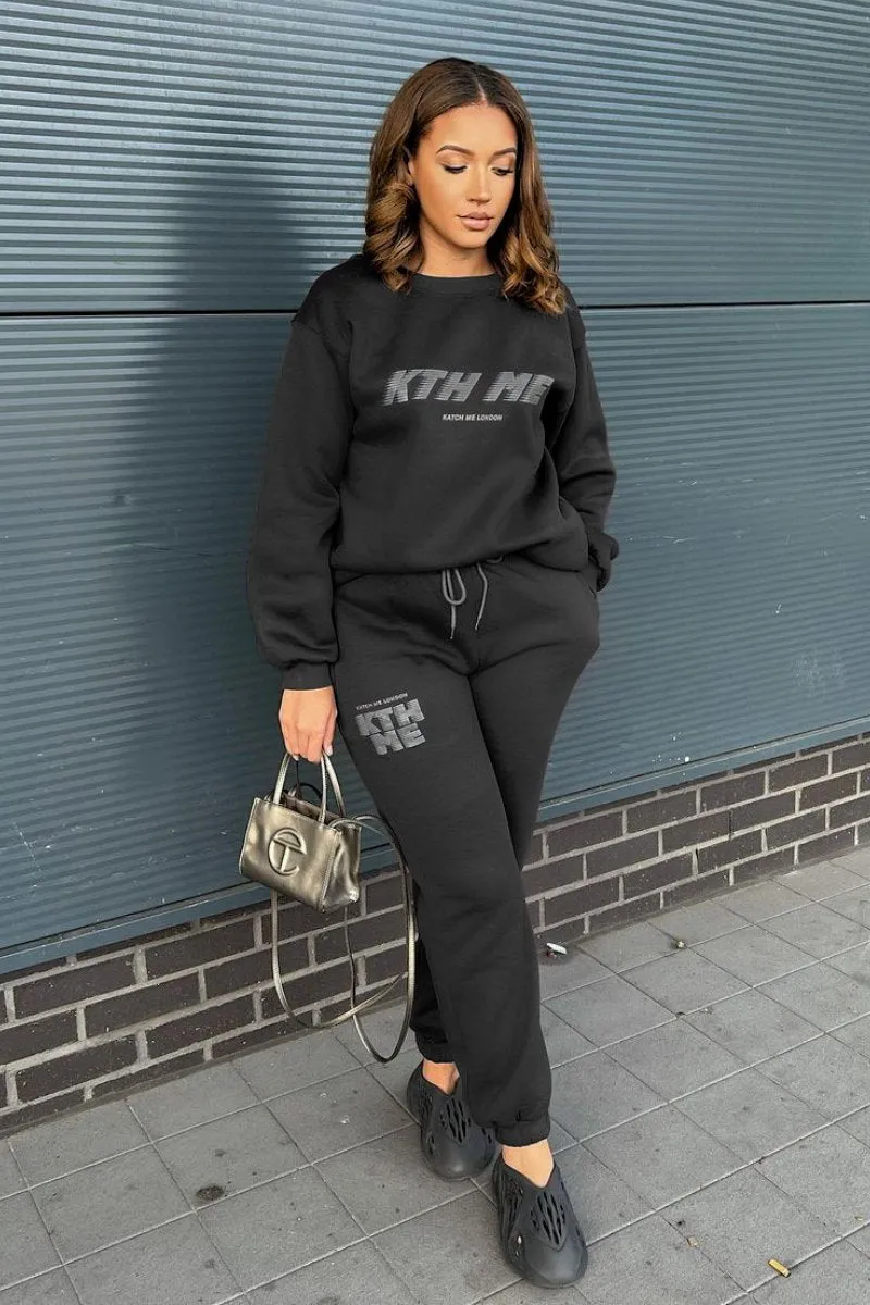 Casual KTH ME Print Loose Sweatshirt & Elastic Waist Sweatpants Co-ord