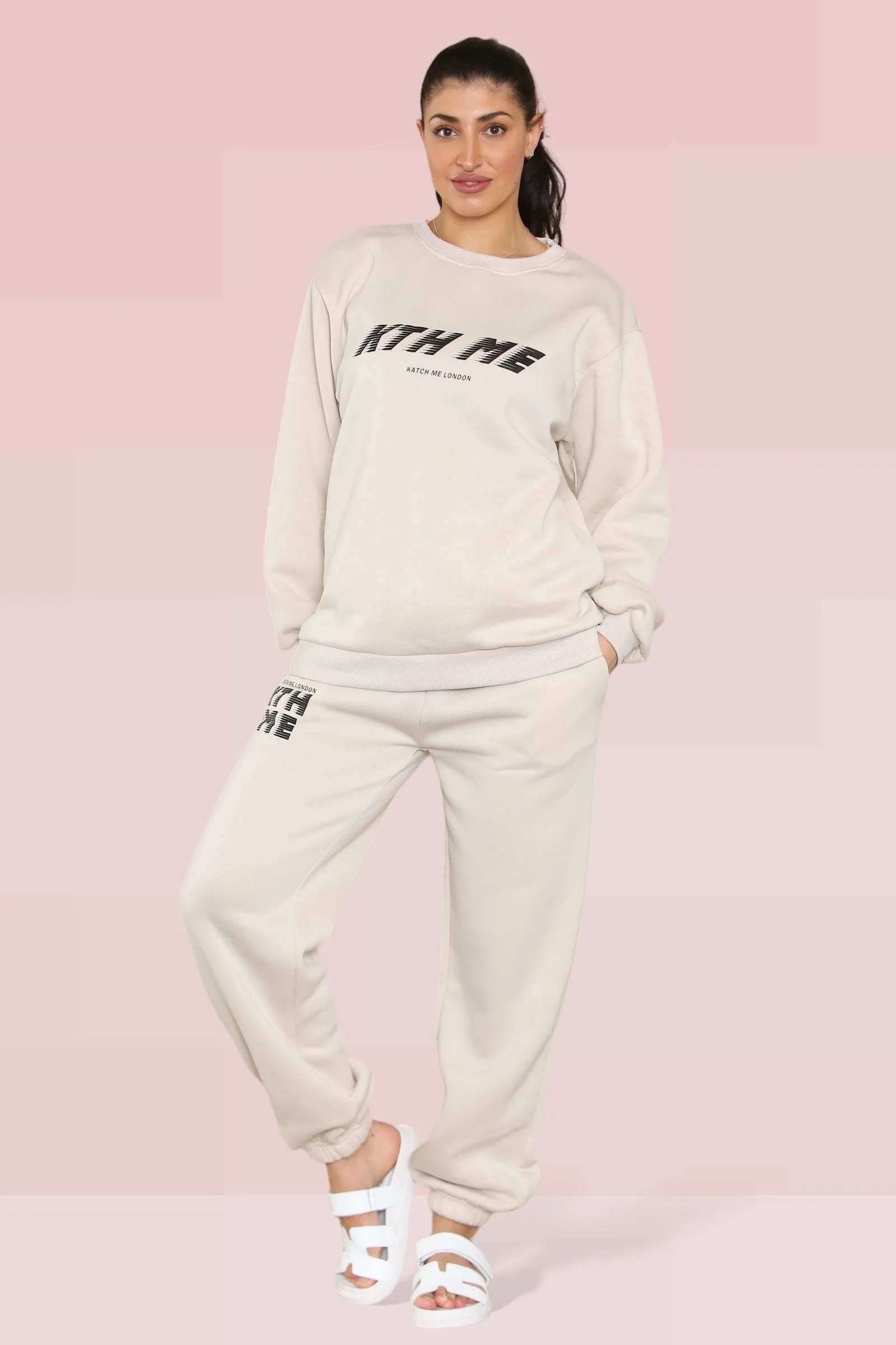 Casual KTH ME Print Loose Sweatshirt & Elastic Waist Sweatpants Co-ord