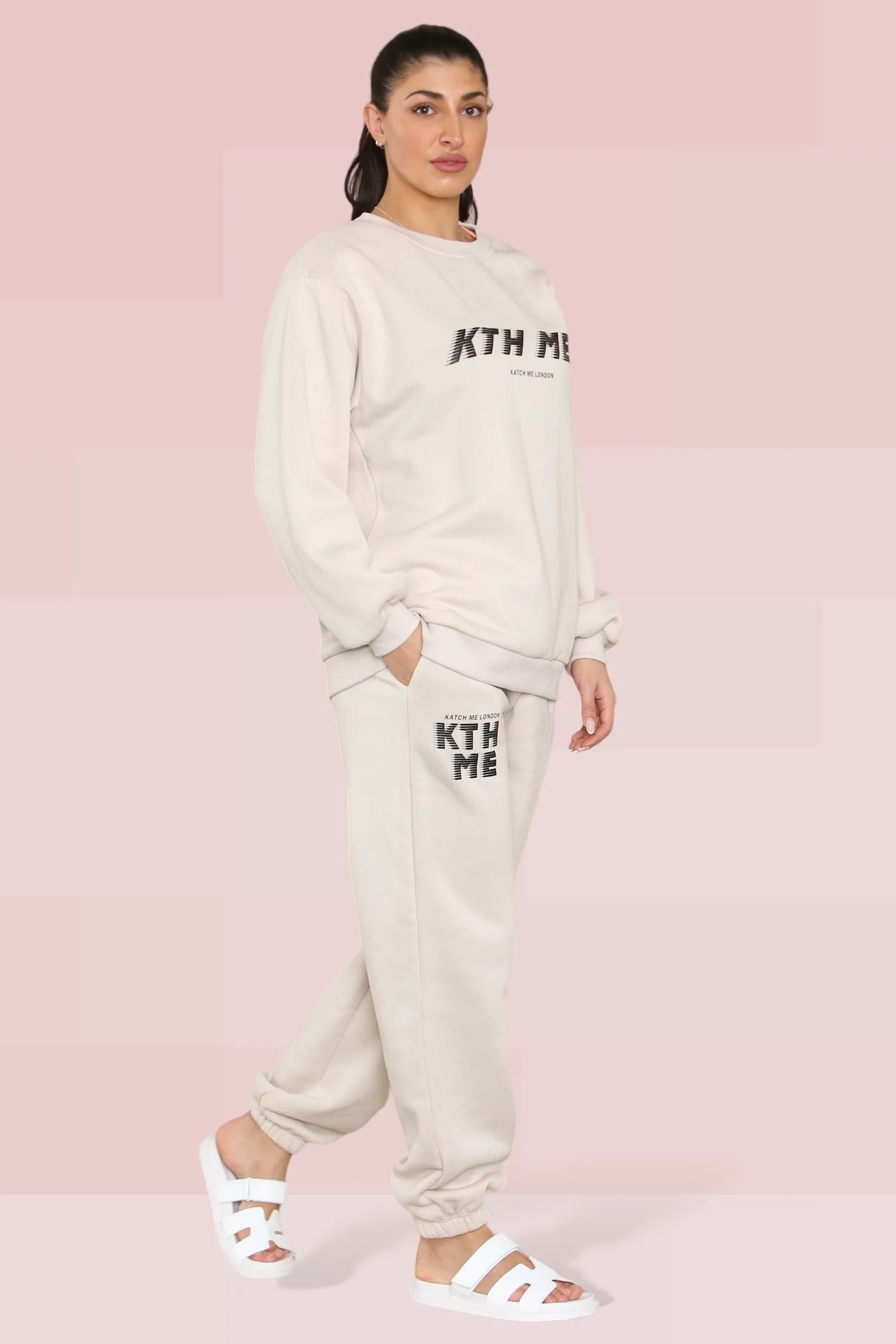 Casual KTH ME Print Loose Sweatshirt & Elastic Waist Sweatpants Co-ord