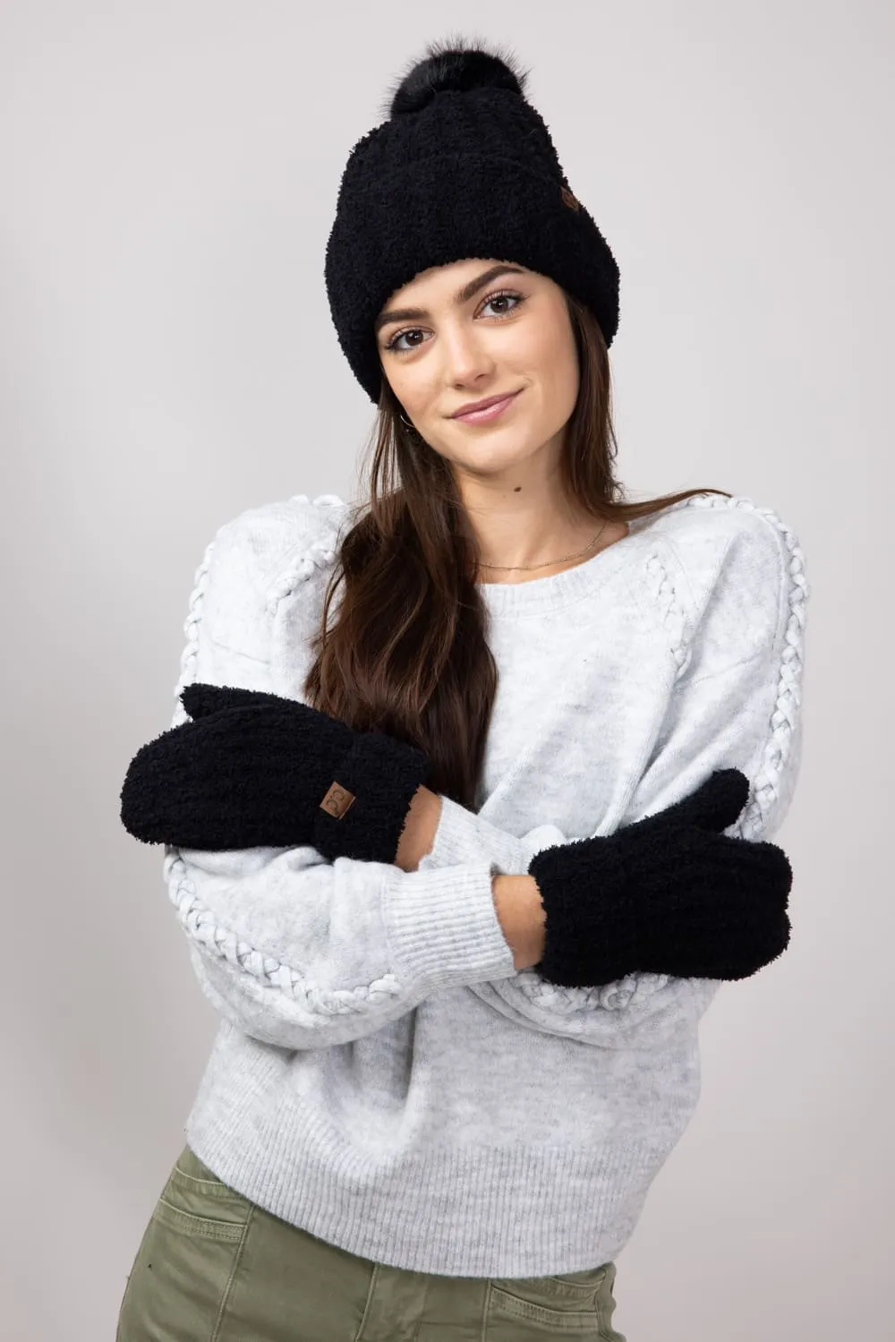 C.C. Cozy Beanie and Mittens Set for Women in Black | SEE0111-BLK