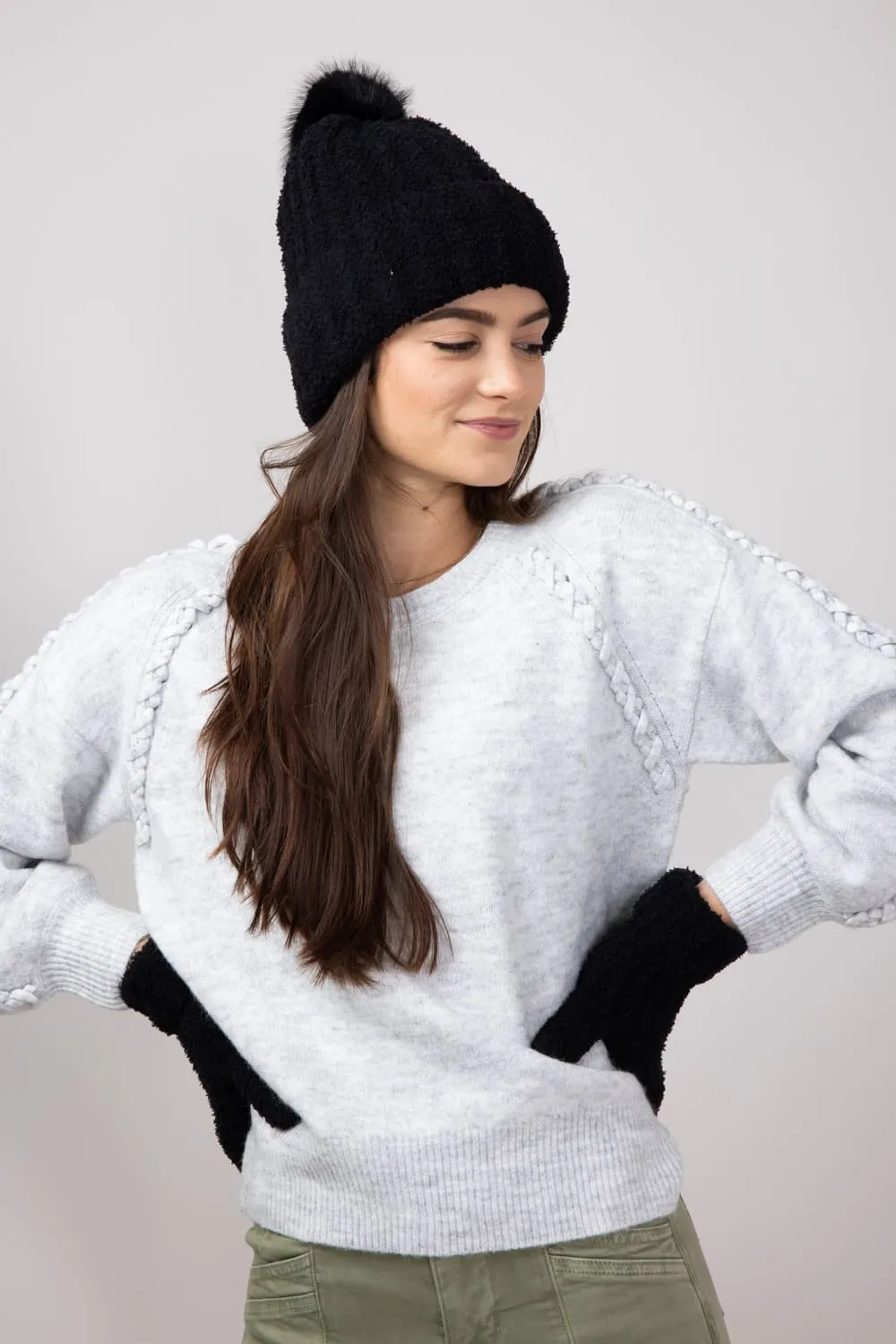 C.C. Cozy Beanie and Mittens Set for Women in Black | SEE0111-BLK