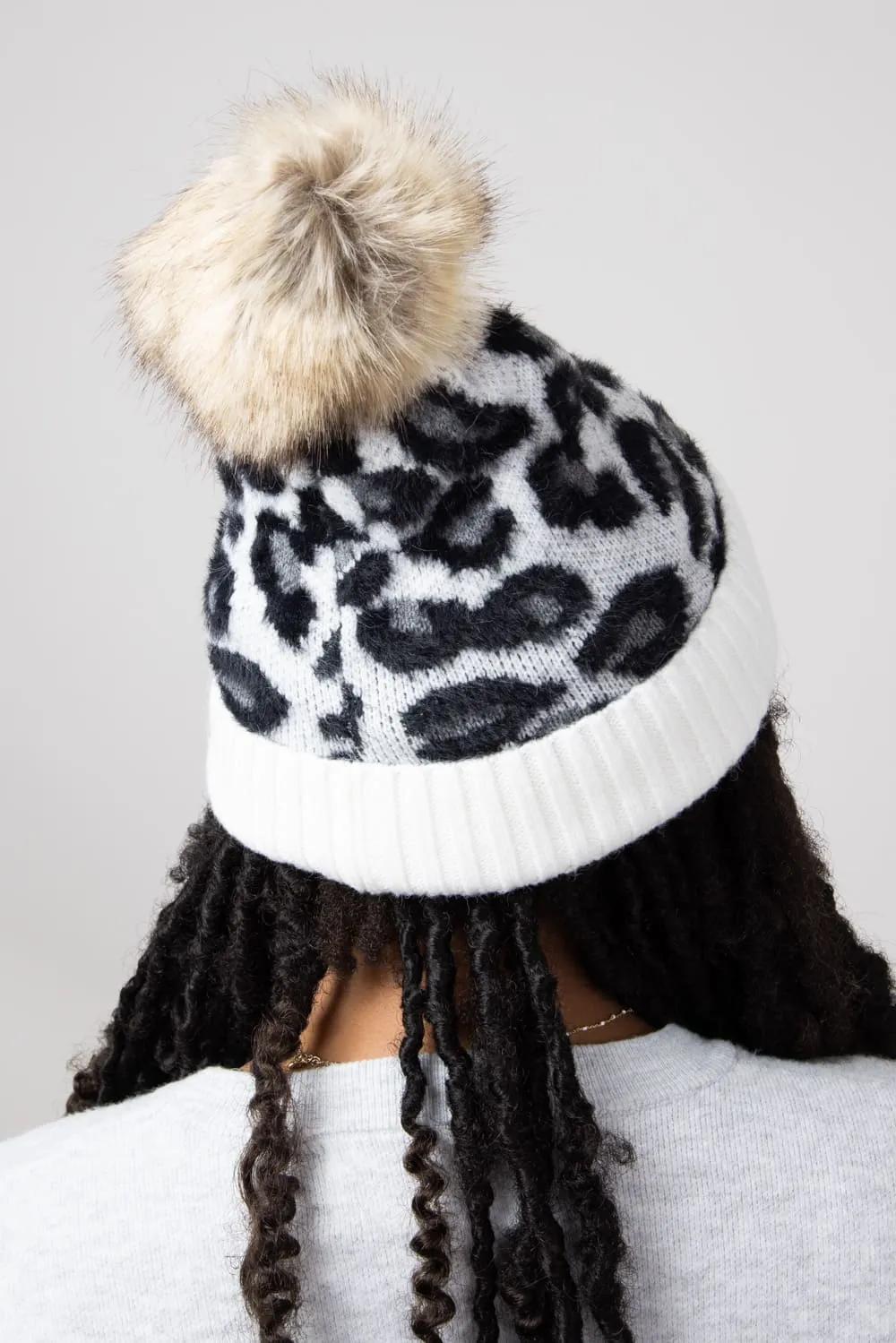 C.C. Leopard Pom-Pom Beanie for Women in Ivory | HAT-2061-IVORY