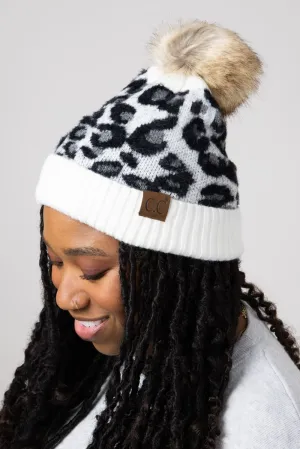 C.C. Leopard Pom-Pom Beanie for Women in Ivory | HAT-2061-IVORY