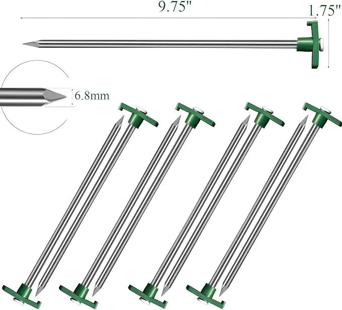 Cheardia 10 Pack Tent Stakes Heavy Duty, 10.25 Inch Yard Stakes Non-Rust Metal Tent Pegs Ground Stakes Tent Spikes for Decorations Camping Patio, Garden, Canopies, Grassland, Outdoor, Green