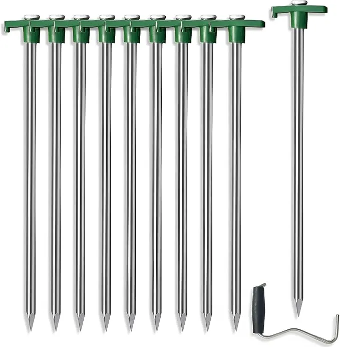 Cheardia 10 Pack Tent Stakes Heavy Duty, 10.25 Inch Yard Stakes Non-Rust Metal Tent Pegs Ground Stakes Tent Spikes for Decorations Camping Patio, Garden, Canopies, Grassland, Outdoor, Green
