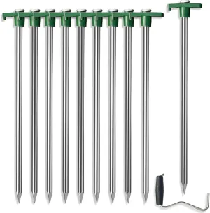 Cheardia 10 Pack Tent Stakes Heavy Duty, 10.25 Inch Yard Stakes Non-Rust Metal Tent Pegs Ground Stakes Tent Spikes for Decorations Camping Patio, Garden, Canopies, Grassland, Outdoor, Green