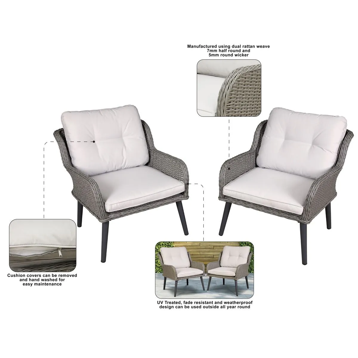 Dellonda Buxton Rattan Wicker Outdoor Lounge Chairs with Cushion, Grey