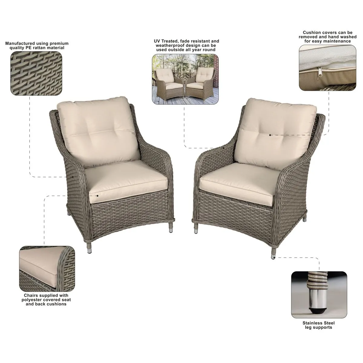 Dellonda Chester Rattan Wicker Outdoor Lounge Chairs with Cushion, Brown