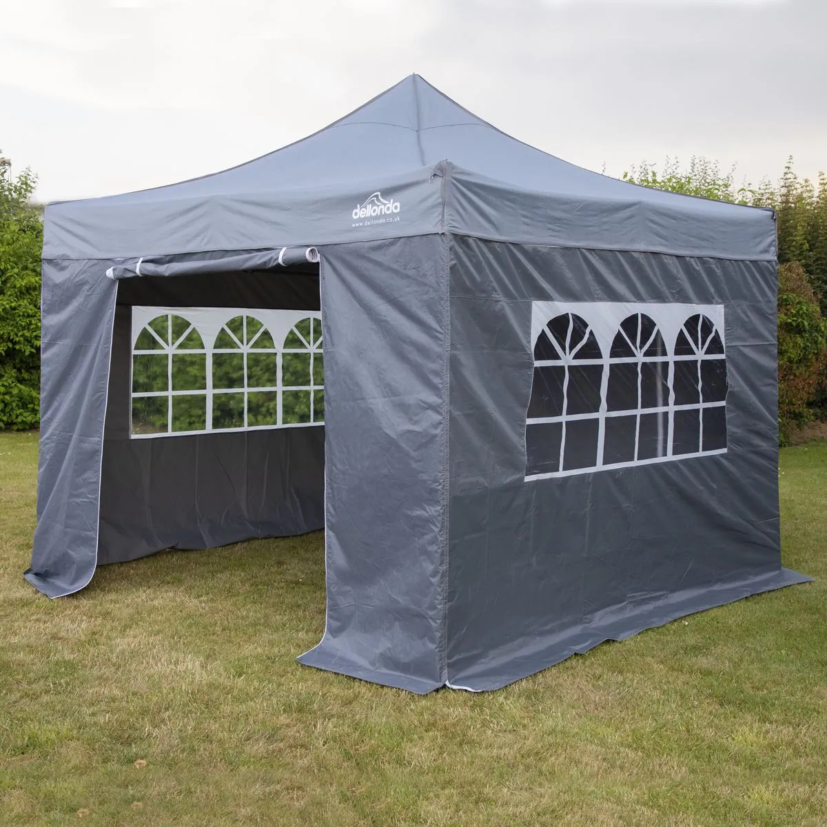 Dellonda Premium 2x2m Pop-Up Gazebo & Side Walls, PVC Coated, Water Resistant Fabric, Supplied with Carry Bag, Rope, Stakes & Weight Bags - Grey