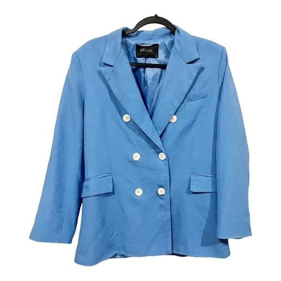 Deluc Kika Double-Breasted Linen-Blend Blazer sz: M Blue Casual Relaxed Preppy
