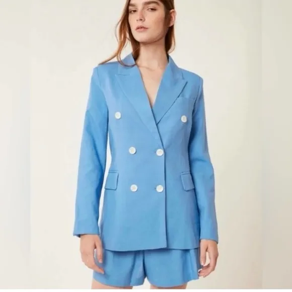 Deluc Kika Double-Breasted Linen-Blend Blazer sz: M Blue Casual Relaxed Preppy