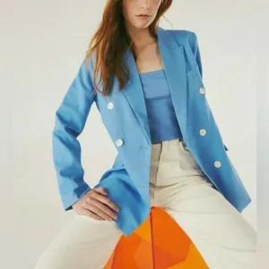 Deluc Kika Double-Breasted Linen-Blend Blazer sz: M Blue Casual Relaxed Preppy