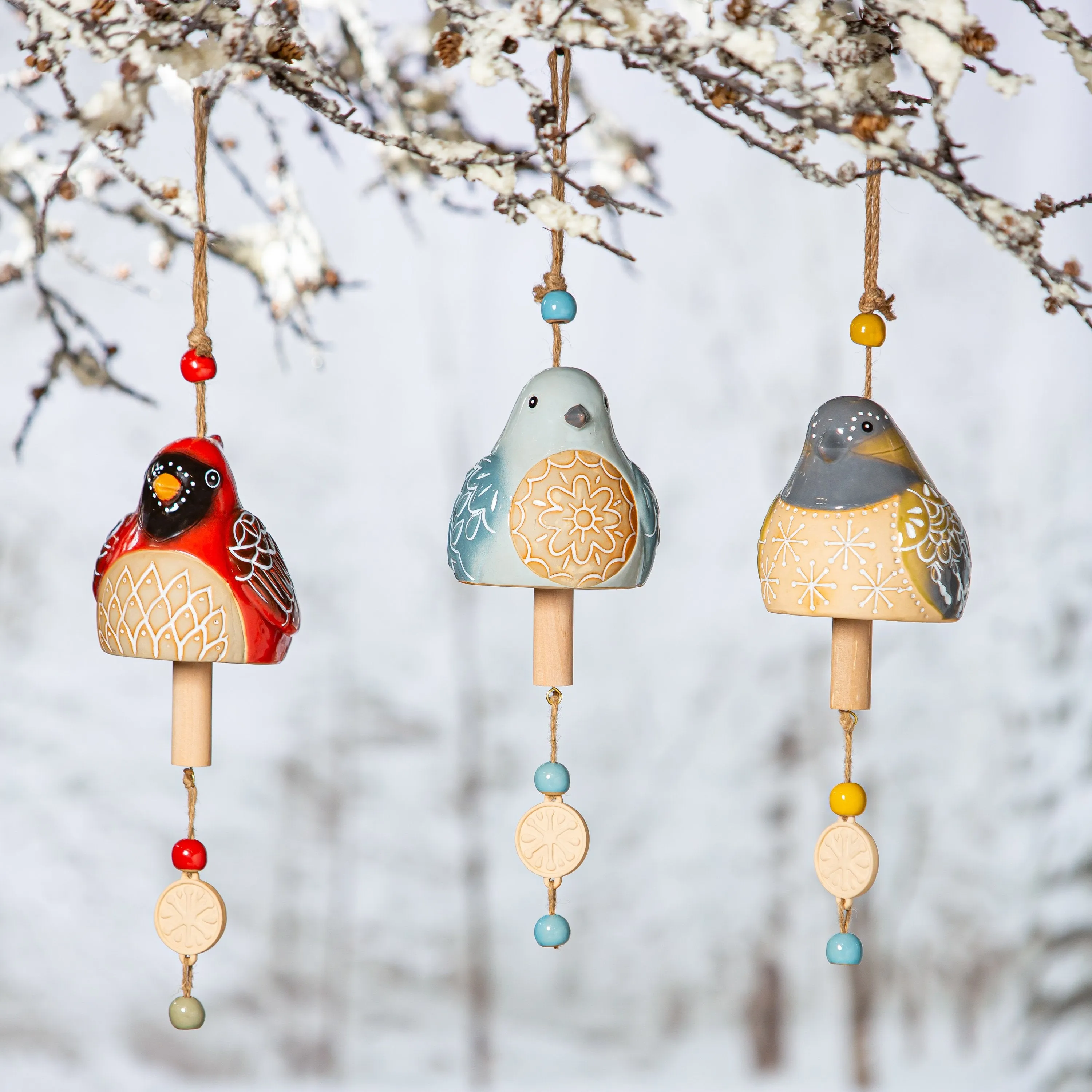 Evergreen Wind,Ceramic Winter Bird Bell,5.75x5.12x21.57 Inches