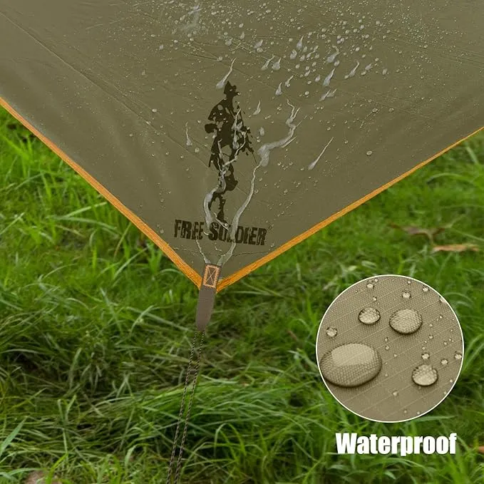 FREE SOLDIER Waterproof Portable Tarp Multifunctional Outdoor Camping Traveling Awning Backpacking Tarp Shelter Rain Tarp (Greenish Brown 6 Loop 10×10ft)