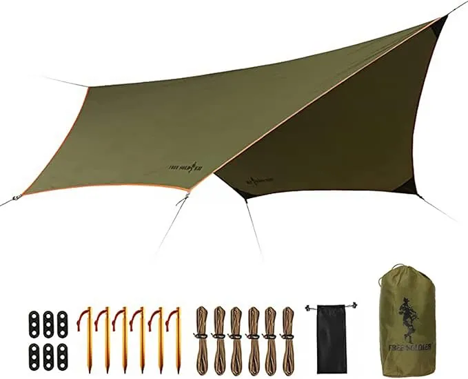 FREE SOLDIER Waterproof Portable Tarp Multifunctional Outdoor Camping Traveling Awning Backpacking Tarp Shelter Rain Tarp (Greenish Brown 6 Loop 10×10ft)