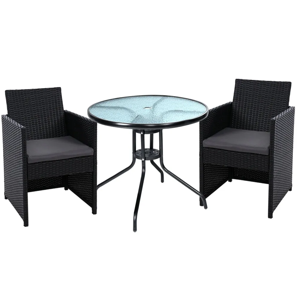 Gardeon 3PC Bistro Set Outdoor Furniture Rattan Table Chairs Cushion Patio Garden Hugo