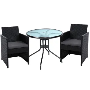 Gardeon 3PC Bistro Set Outdoor Furniture Rattan Table Chairs Cushion Patio Garden Hugo