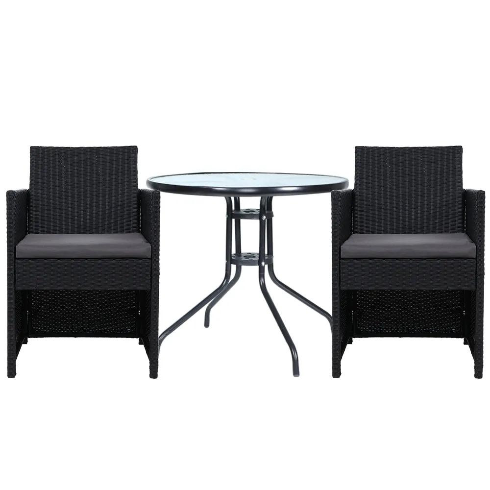 Gardeon 3PC Bistro Set Outdoor Furniture Rattan Table Chairs Cushion Patio Garden Hugo