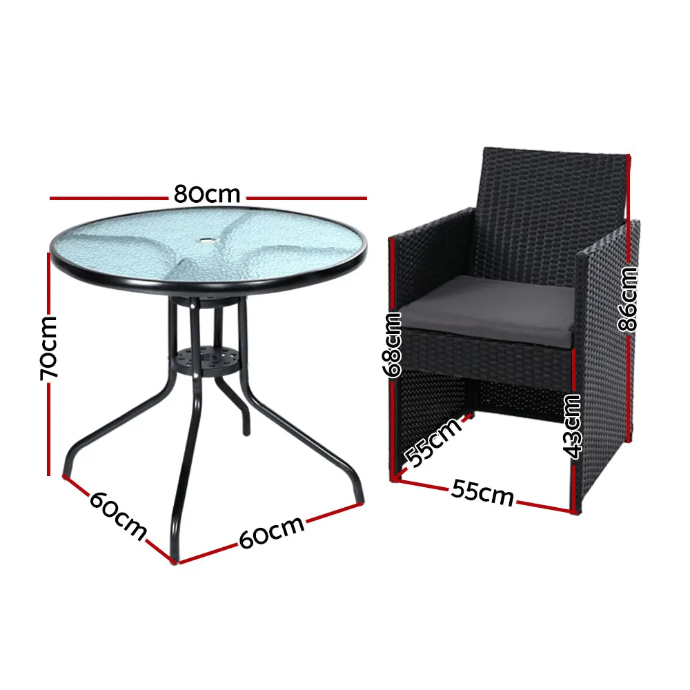 Gardeon 3PC Bistro Set Outdoor Furniture Rattan Table Chairs Cushion Patio Garden Hugo